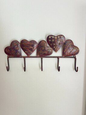 Rustic Bronze Metal Key Hook Small Rack Hearts Country Cottage Farmhouse Shabby